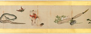 Detalhe do Handscroll com diversas imagens, período Edo, 1839 tinta e cor em papel de Katsushika Hokusai