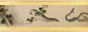 Detalhe do Handscroll com diversas imagens, período Edo, 1839 tinta e cor em papel de Katsushika Hokusai