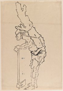 Desenho de um homem descansando em um machado e carregando parte de um tronco de árvore nas costas (tinta no papel) de Katsushika Hokusai