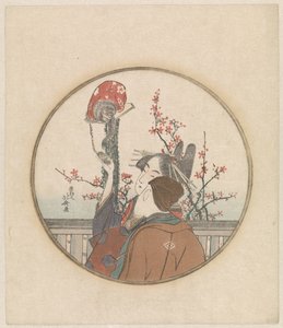 Casal com macaco e ramo de flor de Katsushika Hokusai