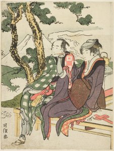 Evening Glow for Date no Yosaku e Seki no Koman, da série sem título conhecida como "Eight Views of Tragic Lovers (Michiyuki hakkei)" de Katsushika Hokusai