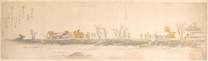 Figuras a passear numa ponta de terra; água e barcos em primeiro plano de Katsushika Hokusai