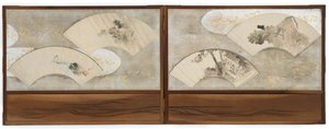 Quatro pinturas de fãs montadas em uma tela... de Katsushika Hokusai