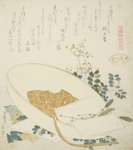 Flores recém colhidas no chapéu de um viajante, ilustração para The Thousand-grasses Shell de Katsushika Hokusai