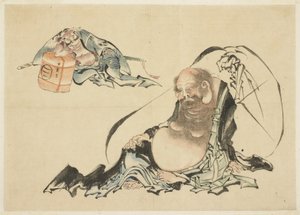 Hotei e Asahina Saburo Reclinados (dois esboços) de Katsushika Hokusai