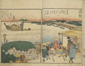 Livro ilustrado com vistas de ambas as margens do rio Sumida de Katsushika Hokusai