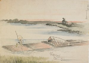 Paisagem: barqueiro em sua jangada, final do século 18 e início do século 19. de Katsushika Hokusai
