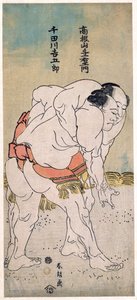 Les lutteurs sumo Takaneyama Yoichiemon e Sendagawa Kichigoro - Os lutadores de sumo Takaneyama Yoichiemon e Sendagawa Kichigoro par Hokusai, Katsushika (1760-1849). Lenha colorida, tamanho : 30,6x12,9, ca 1792, Coleção Particular de Katsushika Hokusai