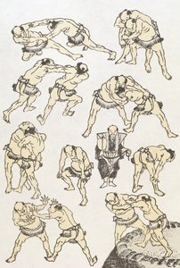 Manga: estudos de gestos e posturas de lutadores, pub. 1849, (impressão do woodblock da cor) de Katsushika Hokusai