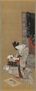 Costume de Ano Novo: Maquiagem na Manhã de Ano Novo, período Edo, c.1806-11 (tinta e cor na seda) de Katsushika Hokusai