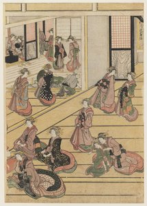 Dias de Ano Novo no Teahouse Ogi-ya. c.1810 (impressão a cores do bloco de madeira) (para o conjunto ver 277795-277797) de Katsushika Hokusai