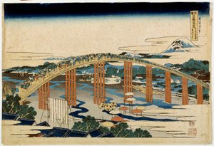 Ponte Okazaki Yahagi sobre o Tokaido. Impressão japonesa por Hokusai (1760-1849) de Katsushika Hokusai