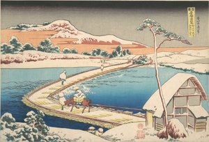Vista antiga da ponte flutuante em Sano, na província de Kōzuke (Kōzuke Sano funabashi no kozu), da série «Vistas notáveis de pontes em várias províncias» (Shokoku meikyō kiran) de Katsushika Hokusai