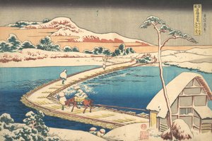 Vista antiga da ponte de barcos em Sano na província de Kozuke Kozuke Sano funabashi no kozu,..., 1827-30. de Katsushika Hokusai