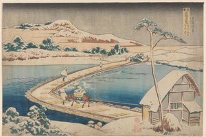 Antiga imagem da ponte flutuante em Sano, na província de Kôzuke de Katsushika Hokusai