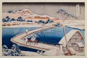 Vista antiga da ponte flutuante em Sano, na província de Kōzuke, da série «Vistas notáveis de pontes em várias províncias» de Katsushika Hokusai
