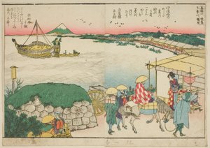 Páginas do livro ilustrado "Vistas panorâmicas ao longo das margens do rio Sumida (Ehon Sumidagawa ryogan ichiran)" de Katsushika Hokusai