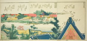 Páginas do livro ilustrado "Vistas panorâmicas ao longo das margens do rio Sumida (Ehon Sumidagawa ryogan ichiran)" de Katsushika Hokusai