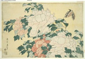 Peônias e Borboleta, de uma série sem título de grandes flores de Katsushika Hokusai