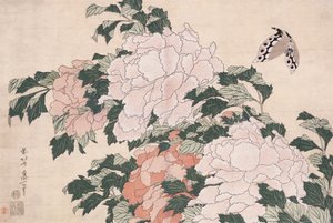Peônias rosa e vermelhas sopradas para a esquerda em uma brisa e uma borboleta de Katsushika Hokusai