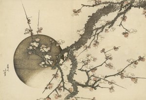 Flor de ameixa e a lua do livro Monte Fuji na primavera de Katsushika Hokusai