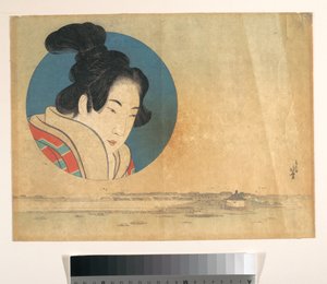 Retrato de uma mulher num grande círculo com uma paisagem por baixo de Katsushika Hokusai