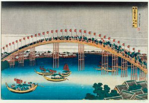 Procissão sobre uma ponte (impressão em xilogravura a cores) de Katsushika Hokusai