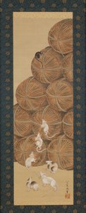 Ratos e Fardos de Arroz, período Edo, 1843 (tinta e cor sobre seda) de Katsushika Hokusai