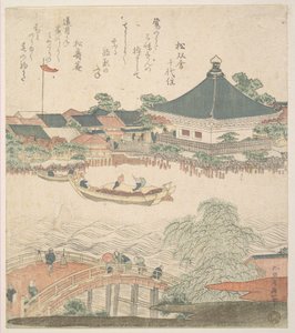 Cena fluvial com ponte em primeiro plano de Katsushika Hokusai