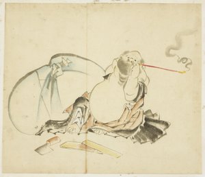 Hotei sentado fumando um cachimbo, ca. 1815-1849 (tinta e cor no papel) de Katsushika Hokusai