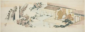 Servo jogando feixes de galhos na cachoeira de Katsushika Hokusai