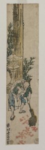 Atendente do Santuário ajuntando folhas de bordo de Katsushika Hokusai