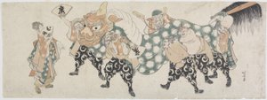Seis deuses do sexo masculino realizando a dança do leão, 1797-1819 (impressão em xilogravura a cores) de Katsushika Hokusai