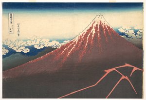 Tempestade ao pé do Monte Fuji (Sanka no haku u), da série «Trinta e seis vistas do Monte Fuji» (Fugaku sanjūrokkei) de Katsushika Hokusai