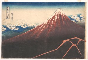 Tempestade ao pé do Monte Fuji (Sanka no haku u), da série «Trinta e seis vistas do Monte Fuji» (Fugaku sanjūrokkei) de Katsushika Hokusai