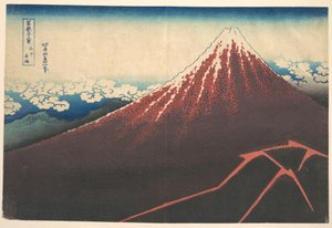 Tempestade ao pé do Monte Fuji (Sanka no haku u), da série «Trinta e seis vistas do Monte Fuji» (Fugaku sanjūrokkei) de Katsushika Hokusai