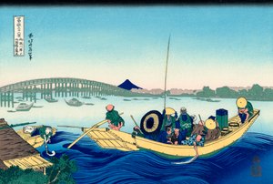 Pôr do sol na ponte Ryogoku da margem do rio Sumida em Onmayagashi, 1830-1833. de Katsushika Hokusai