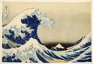 A Grande Onda fora de Kanagawa da série 36 Vistas de Mt. Fuji; 1831 (impressão em xilogravura colorida à mão)
