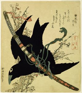 O pequeno corvo com a espada do clã Minamoto, c.1823 (cor xilogravura) de Katsushika Hokusai