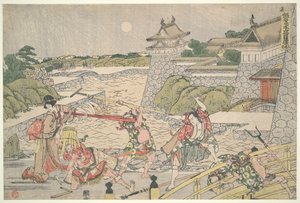 A Liga Leal dos Quarenta e Sete Rōnin (Chūshingura),  Ato III: Kampei é atacado por Bannai e os seus homens de Katsushika Hokusai