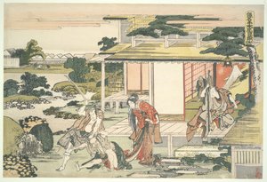 A Liga Leal dos Quarenta e Sete Rōnin (Chūshingura), Ato VII: Cena na casa de chá. Ich iriki Heiyemon a arrastar o espião Kudayū de Katsushika Hokusai