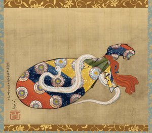 O Alaúde e a Cobra Branca de Benten, Período Edo, 1847 (tinta e cor de seda) de Katsushika Hokusai
