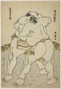 Os lutadores de sumo Uzugafuchi Kandayu e Takasaki Ichijuro de Katsushika Hokusai