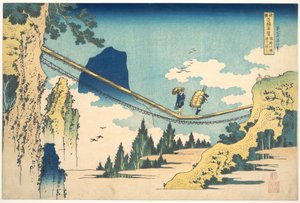 A Ponte Suspensa na Fronteira entre as Províncias de Hida e Etchū (Hietsu no sakai tsuribashi), da série «Vistas Notáveis de Pontes em Várias Províncias» (Shokoku meikyō kiran) de Katsushika Hokusai
