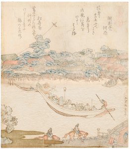 As margens do rio Sumida, Komatomeishi. Tríptico da série Umazukushi, parte central, 1822 de Katsushika Hokusai