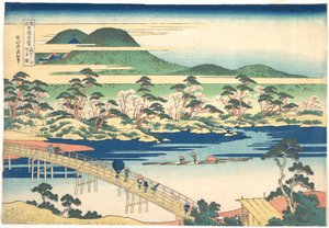 Ponte Togetsu em Arashiyama, em Yamashiro, da série «Vistas Notáveis de Pontes em Várias Províncias» (Shokoku meikyō kiran) de Katsushika Hokusai