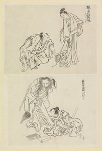 Duas cenas de palco, uma com um homem e uma mulher e outra com um homem e uma mulher raposa de Katsushika Hokusai