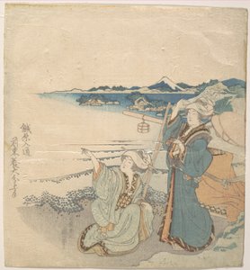 Duas jovens na praia; uma delas a apontar de Katsushika Hokusai