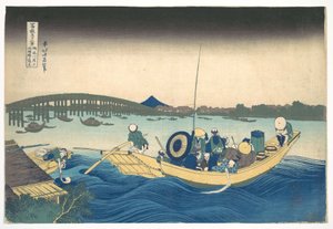 Contemplando o pôr-do-sol sobre a Ponte Ryōgoku a partir do aterro de Onmaya (Onmayagashi yori Ryōgokubashi sekiyō o miru), da série «Trinta e seis vistas do Monte Fuji» (Fugaku sanjūrokkei) de Katsushika Hokusai