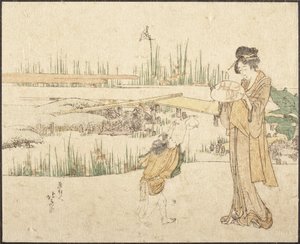 Mulher e criança num jardim; fragmento de «O vendedor de peixes dourados» de Katsushika Hokusai